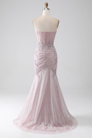 Vestido de fiesta de corsé de sirena sin tirantes brillante con apliques